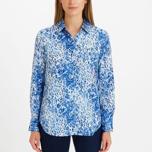 Rachel Zoe Women’s Blue White Cheetah Printed Button Up Blouse Top Size Medium